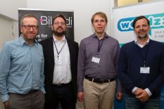September 2018 - Research plus in Köln: Die drei Vortragenden P. Simmering, H. Geißler und M. Küppers mit DGOF-Vorstandsvorsitzendem O. Hellwig (©SimonWestphal)